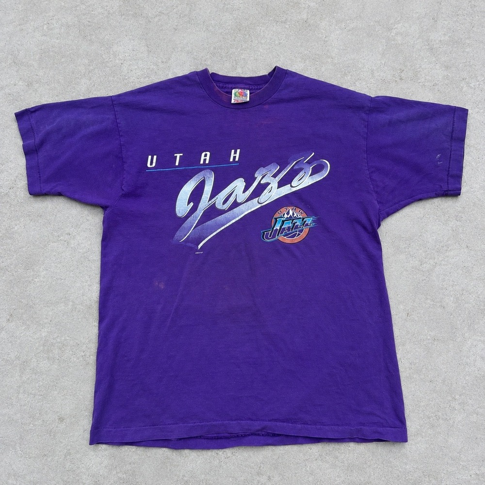 Vintage 90s Utah Jazz NBA T Shirt Fruit of the Loom Purple Single Stitch XL
